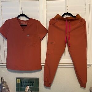Figs Burnt Orange Scrub Top & Jogger Pants with Pink Drawstring